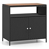 COSTWAY Gartenschrank Rattan, Terrassenschrank mit Akazienholz-Arbeitsplatte, offenem Fach und Doppeltür, Outdoor Aufbewahrungsschrank für Garten, Terrasse, 90 x 53 x 86 cm (Schwarz)
