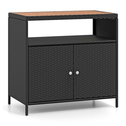 COSTWAY Gartenschrank Rattan, Terrassenschrank mit Akazienholz-Arbeitsplatte, offenem Fach und Doppeltür, Outdoor Aufbewahrungsschrank für Garten, Terrasse, 90 x 53 x 86 cm (Schwarz)