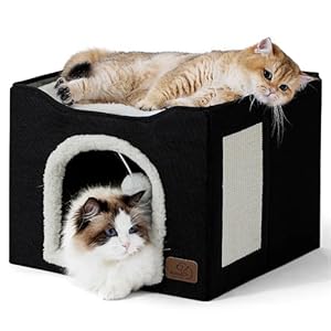 Bedsure Cat Beds for Indoor Cats – Large Cat Cave for Pet Cat House with Fluffy Ball Hanging and Scratch Pad, Foldable Cat Hideaway,16.5×16.5×13 inches, Black