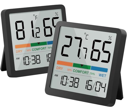NOKLEAD Digitales Raumthermometer Indoor Hygrometer Temperaturmonitor und Luftfeuchtigkeitsmesser mit Datum Uhr Komfortanzeige Kalibrierung für Babyzimmer (Schwarz -2PCS) NOKLEAD Digitales Raumthermometer Indoor Hygrometer Temperaturmonitor und Luftfeuchtigkeitsmesser mit Datum Uhr Komfortanzeige Kalibrierung für Babyzimmer (Schwarz -2PCS)