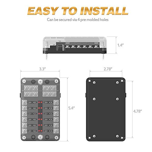 MNJ Motor 12-Way Fuse Box Holder with LED Indicator, Waterproof 12-Circuit Blade Fuse Block 30A Per Circuit Durable Protection Cover Sticker Label for Automotive Car Boat Marine SUV