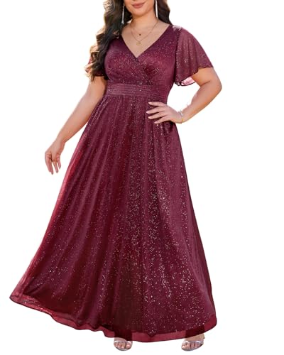 Talisea Formelle Kleider in Übergröße – V-Ausschnitt, Flatterärmel, Glitzer, Abschlussball, Abendkleid, Hochzeitsgäste, Chiffon, langes...