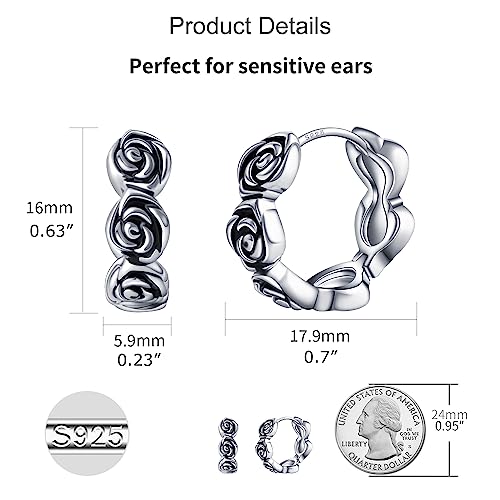 925 Sterling Silver Small Hoop Earrings Rose Flower Earrings for Women Hypoallergenic Huggie Hoops Earrings4
