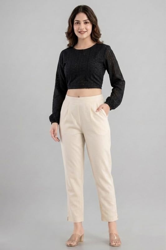 Image of Solid Cotton Woman Trousers Pants Regular Fit Kurti Pant with Drawstring Daily Office Formal Casual Use