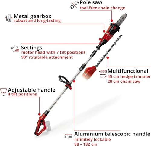Einhell Power X-Change 18V Cordless Multifunctional Garden Tool - 2-In-1 Long Reach Hedge Trimmer And Mini Chainsaw / Pruning Saw - GE-HC 18 Li T Solo Pole Hedge Trimmer (Battery Not Included) - 3