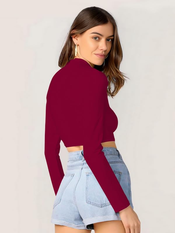 Dream Beauty Fashion Women's Round High Neck Full Sleeves Stylish Crop Top Polyester Blend Slim Fit Tshirt (Tally Maroon-L), Large - Image 5 thumbnail