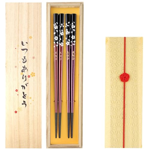 きざむ 名入れ 箸 銀舞桜 22.5cm 若狭塗 桐箱入り ペアセット ギフト 茶 × 紫