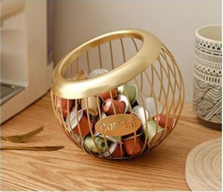 1PCS Coffee Pod Holder Iron Large Capacity K Cup Holder Espresso Coffee Capsule Storage Basket for Counter Coffee Bar Espresso Coffee Pod Organizer for Counter Fruit Bread Snacks Storage Gold