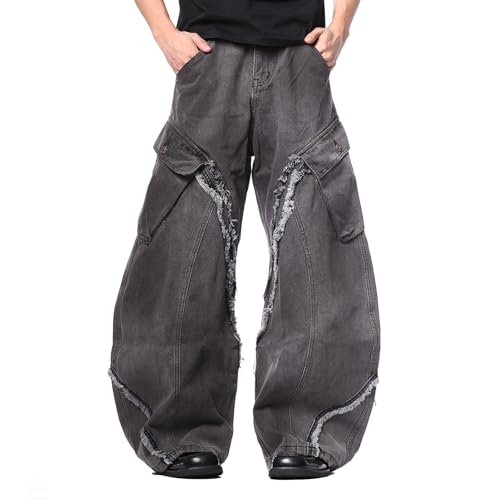 Barrel Jeans Men Baggy Cargo Skater Denim Pants Streetwear High Waist Barrel Leg Bottoms Ripped Distressed Loose Fit Relaxed