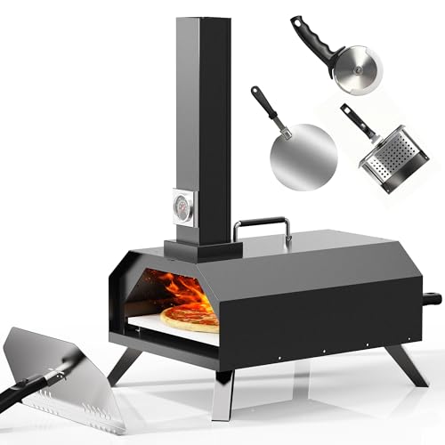 Pizza Oven Outdoor Portable Pellet Pizza Stove Wood Fired Stainless Steel Pizza Maker for Backyard or Outside Camping With a Thermometer, Pizza Stone(11.25inch*11.25inch)