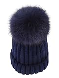Winter Knit Beanie Hat with Real Fox Fur Pom Pom Chunky Snow Cap for Women Girls (Navy)