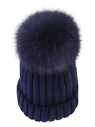 Winter Knit Beanie Hat with Real Fox Fur Pom Pom Chunky Snow Cap for Women Girls (Navy)