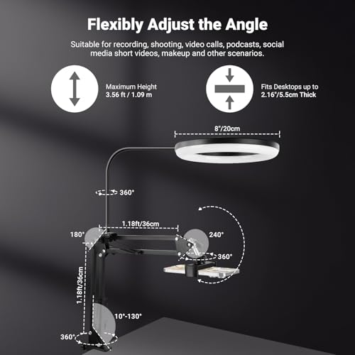 Image of NEEWER Entry Level Version N41 8 inch LED Ring Light with Desk Clamp Stand /Remote, Overhead Phone Mount Holder Compatible with iPhone, Streaming Video Recording Selfie Nail Tech Food Photography Lighting
