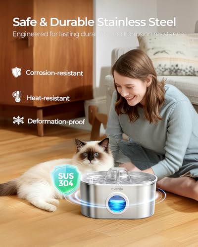 Invengo Katzenbrunnen Edelstahl, Trinkbrunnen für Katze mit 2 Trinkstellen, LED-Anzeige, Wasserstandsanzeige und 5-Fach Filtersystem - Leiser Trinkbrunnen für Katzen und Kleine Hunde, 2.2L