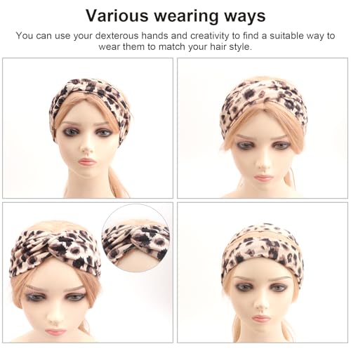 Image of DRESHOW 4 Pack Boho Cotton Non-Slip Headbands for Women Girls Yoga Workout Running Knotted Turban Floral Elastic Head Wrap