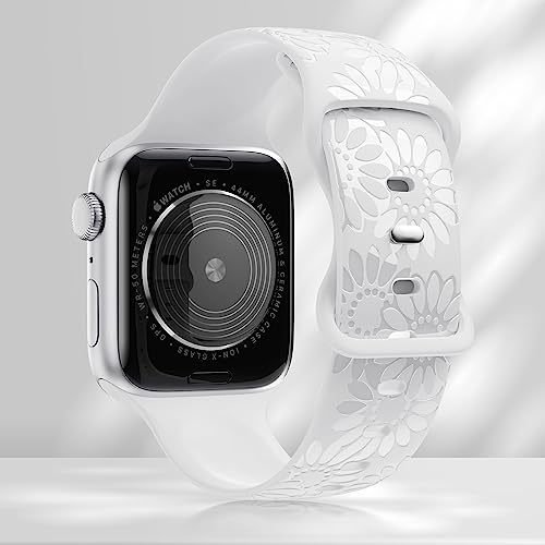 Image of Sunflower Engraved Band Compatible with Apple Watch Bands 38mm 40mm 41mm 42mm 44mm 45mm 49mm Women, Designer Soft Glossy Floral Silicone Strap for iWatch Series Ultra 11 10 9 8 7 6 SE 5 4 3 2 1