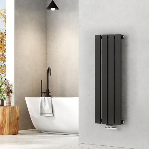 EMKE Heizkörper Klein 900x304 mm Vertikal Flachheizkörper mit Mittelanschluss, Einlagig Paneelheizkörper Wandheizkörper für Bad, Schlafzimmer & Wohnzimmer, Schwarz 297W