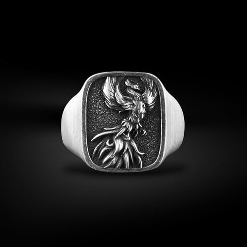 BySilverStone - Sterling Silver Phoenix Fire Bird Men Ring, Square Signet Rings for Men, Best Friend Fantasy Rings, Mythology Ring for Husband, Cool Male Gift Jewelry2