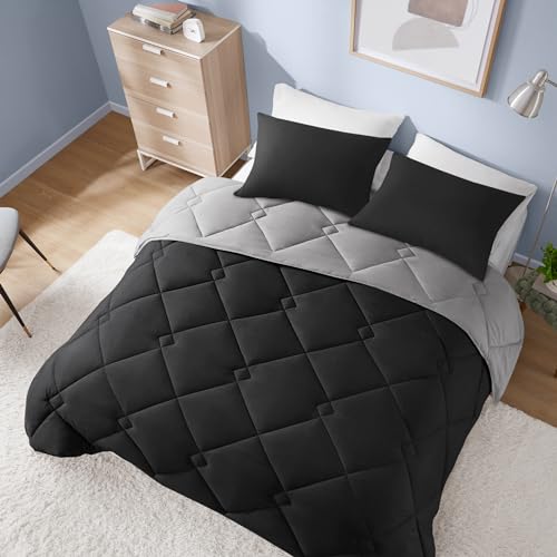 Image of Comfort Spaces Vixie 3 Piece Comforter Set All Season Reversible Goose Down Alternative Stitched Geometrical Pattern Bedding, Full /Queen, Black /Grey