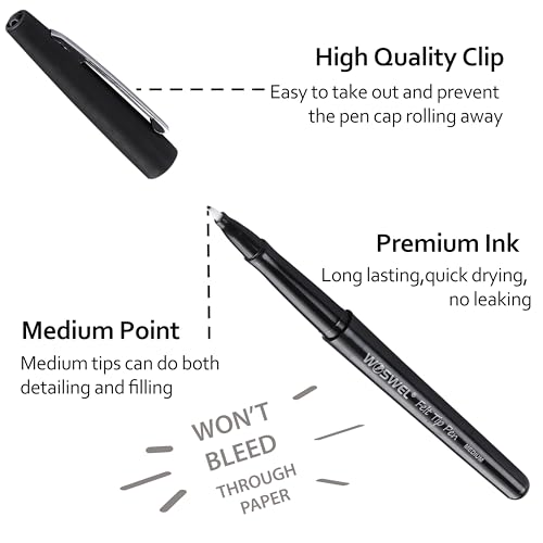 WOSWEL Black Felt Tip Pens, 32 Black Pens, 0.7mm Medium Point Felt Pens, Felt Tip Markers Pens for Journaling, Note Taking, Planner, Writing,Drawing.Perfect for Art Office and School Supplies