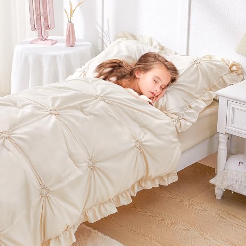 Image of Princess Toddler Bedding Set for Girls, 4 Piece Ruffles Jacquard Embroidery Toddler Bed Sheets with Boho Toddler Comforter, Fitted Sheet, Flat Sheet and Pillowcase, Beige
