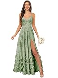 CDSSL Floral Sage Green G Chiffon V Neck Corset Bridesmaid Dresses with Slit A Line Prom Dress 2025 Ruched Long Formal Wedding Gest Dresses for Women Size 6
