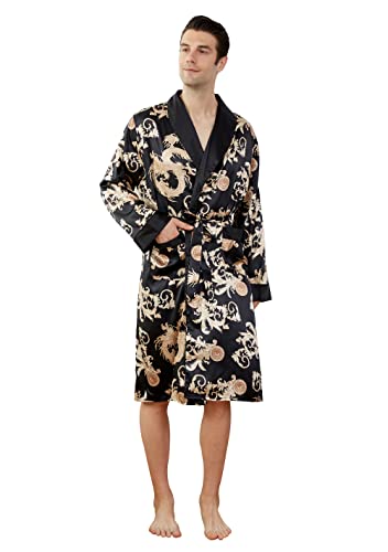 Westkun Robe de Chambre Kimono Japonais Homme Peignoir Satin Manche Longue Sortie de Bain Vêtements de Nuit Pyjama Long Yukata Cardigan Veste Manteau Haut(Imprimé Noir,XL)