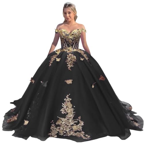 Youjiayi Off Shoulder Quinceanera Dresses Puffy Tulle Ball Gowns for Women Gold Appliques Sweet 16 Dresses