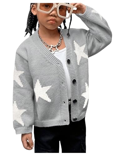 Floerns Girl's Star Print V Neck Cardigan Knitted Long Sleeve Button Front Sweater