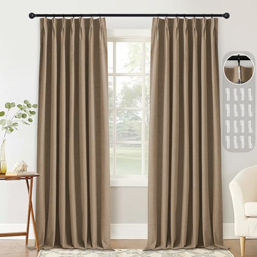StangH Pinch Pleat Linen Curtains for Bedroom, Total Blackout Linen Textured Window Drapes Neutral Energy Saving Farmhouse Curtains for Track System/Sliding Door, Natural, W42xL90 - Image 2