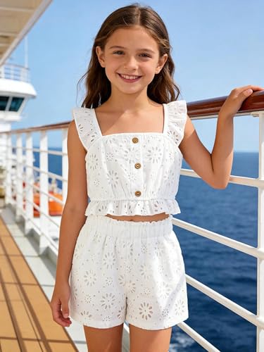 Image of Girl's Summer Clothing Sets Knit Ruffle Striped T-Shirt and Shorts 2 Piece Outfits