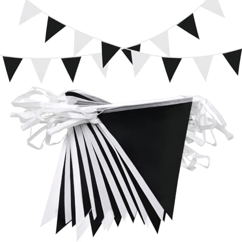 Topeedy Banderines blancos y negros de 20 m, decoración de fiesta, 52 banderines reutilizables negros para cumpleaños, fiestas de deshierbe, baby shower, hogar o jardín, banderas triangulares