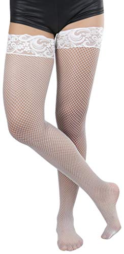 Image of ToBeInStyle Women's Wide Floral Lace Fishnet Thigh Hi Stockings