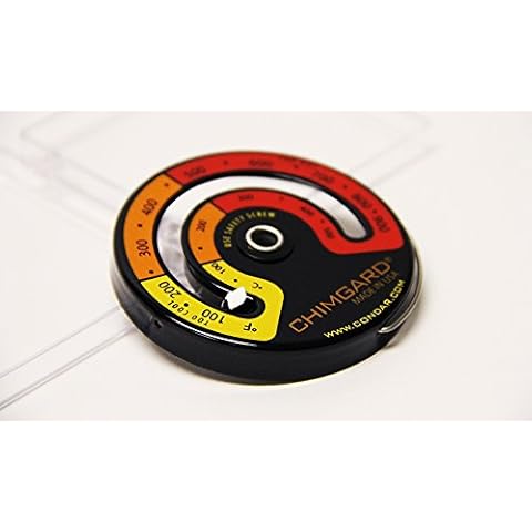 EXCITING EASY TO READ GRAPHICS. ChimGard® Energy Meter (3-4) Woodstove Thermometer. Durable genuine porcelain enamel with yellow, orange and red zones clearly indicated on black case. Cover