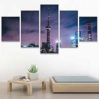 SIGNWIN 5 Panel Canvas Wall Art City Illuminations for Home Decorations Ready to Hang - 60