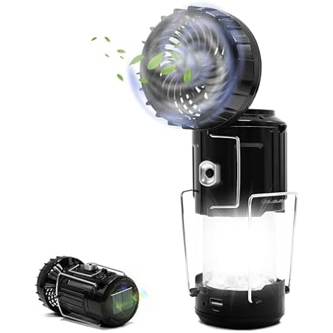 Solar Powered Camping Fan w/ Lantern, DIBMS Collapsible Solar Powered USB Rechargeable & Battery Powered Emergency Hanging Lights for Camping Tent Hurricanes Power Outages Storm Indoor Outdoor 1-Pack Cover