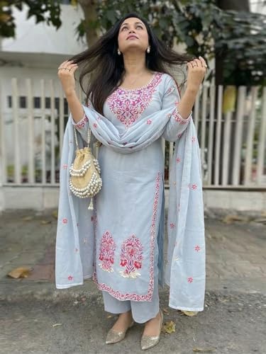 Image of GoSriKi Kurta Sets for Women Viscose Embroidered | Kurta Pant Dupatta Set | Straight Kurti Set for Women | Round Neck 3 /4 Sleeve Ethnic Suit | Designer Indian Kurti Outfit with Pants