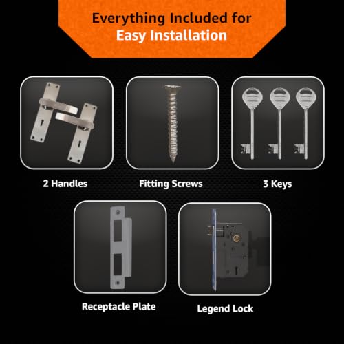 Image of Amazon Basics Mortise Door Lock Handle Set | BIS Certified Brass Lock Body | Auto-Retraction Mechanism | Suitable for Left & Right Handed Doors | Satin Steel Finish | Includes 3 Keys