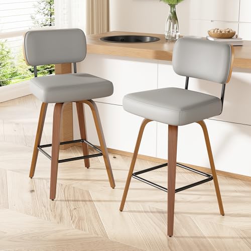 Image of Swivel Bar Stools Set of 1, 26 inch Upholstered Faux Leather Counter Height Barstools with Walnut Back & Bentwood Legs, Mid Century Modern Bar Chairs Island Stools for Kitchen Counter, Light Grey