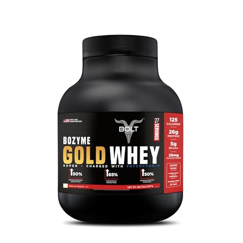 Image of Bolt Bozyme Gold Whey Potein Powder With Superfood Phycocyanin | 26 gm protein | 5g BCAA| 2lb /907gm (27 Servings) | Malai Kulfi