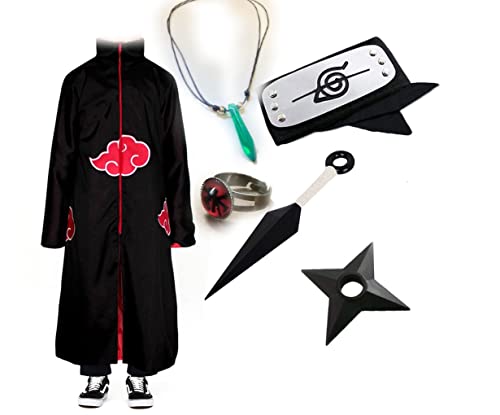 Kit Capa Akatsuki Bandana Colar TSUNADE Kunai Shuriken Naruto Cosplay Itachi Manto + ANEL ITACHI (P)