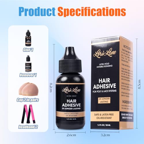 Wig Glue for Front Lace Wig - Waterproof Lace Glue - Latex-Free and Oil-Resistant Hair Adhesive - Strong Hold Bonding - 1.3 fl oz (1 PC), Hair Adhesive Remover 1, wig band 2, wig cap 4. (wig glue kit)