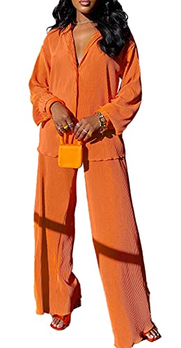 Oluolin Women's 2 Piece Casual Pleated Outfits Button Down Shirt High Waist Wide Leg Trouser Sets Suit Orange #TOP23
