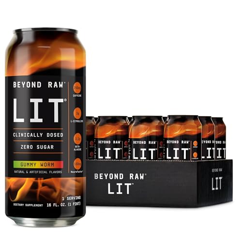 BEYOND RAW LIT Pre Workout, Gummy Worm, for Energy, Focus, Intensity and Pumps, with Nitric Oxide Boost, Zero Sugar, 250mg Caffeine with Beta Alanine, 12 Cans
