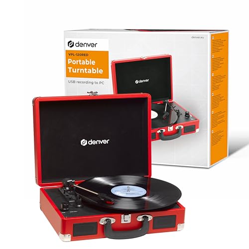 Denver VPL‑120R Kofferplattenspieler Rot – Retro Plattenspieler mit Lautsprecher, USB Vinyl Player zum Digitalisieren, Auto‑Stopp, Schallplattenspieler Vintage mit...