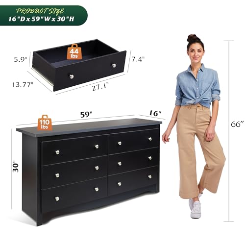 WLIVE Black Dresser with 6 Drawer, 59" Wide Chest of Drawers for Bedroom, Wood Long Nightstand with Drawers, Modern Large Storage Tower Unit, Closet Store Organizer for Living Room