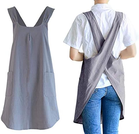Soft Cotton Linen Apron Cross Back X-Shaped Japanese Style Pinafore Dress for Cooking, Housewarming, Daily Chores
