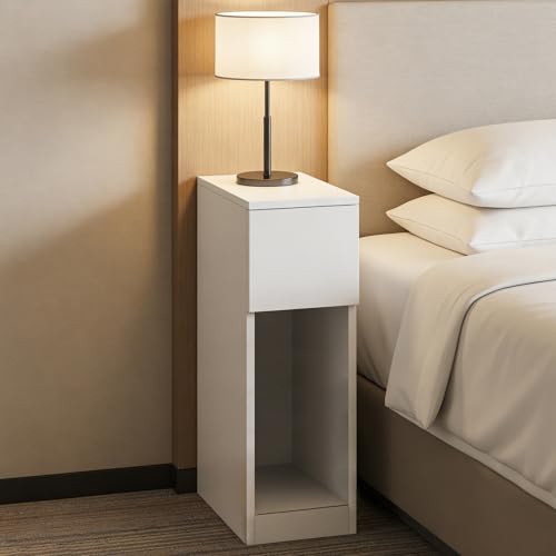 Pantanal Slim Bedside Table Bedroom Nightstand, Narrow EndTable Sofa Side Table with Drawer Open Shelf for Living Room, Space Saving Lamp Desk for Home Office (White)