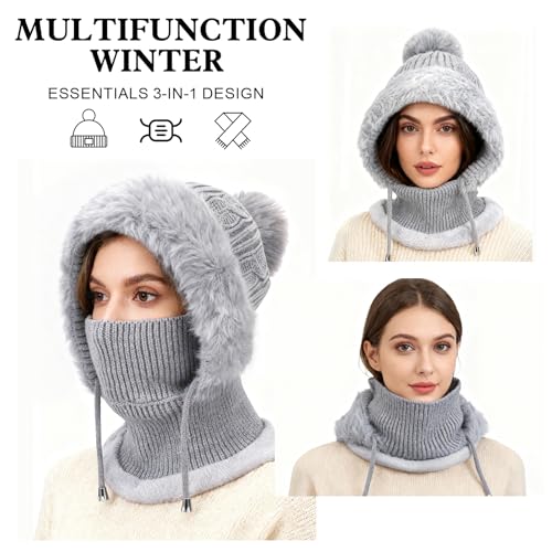 AYPOW Winter Warm Strickmütze Halswärmer-Sets Damen, 3 in 1 Beanie Wintermütze mit Weiches Thermo Fleece Gefüttert, Multifunktional Verstellbar Sturmhaube Gesichtsmaske Frauen für Outdoor-Sportarten