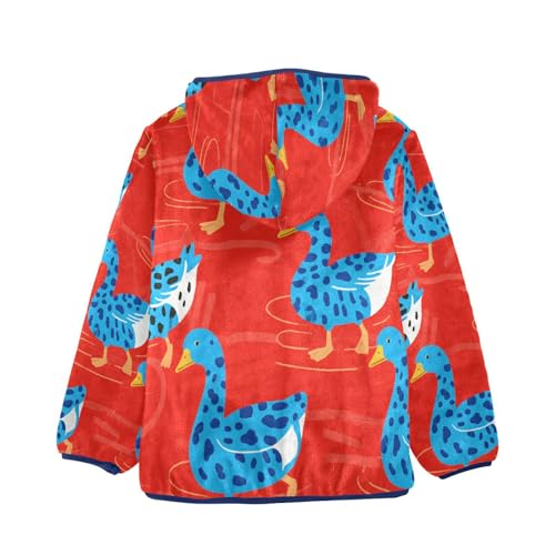 Blue Ducks on Red Background Toddler Fleece Jacket Girl Boys Hooded Fleece Jacket Coat Warm Outwear Zip-up 3-10T2